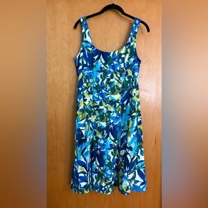 Connected Apparel Blue and Green Leaf Print Dress size 12